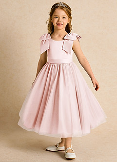 Azazie Serene Robe Demoiselle D'honneur Fillette Robe Princesse en Mat Satiné Arc Rose Pâle image1