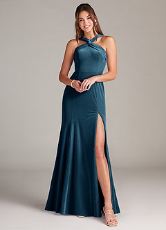 Azazie Rue Bridesmaid Dresses Blue Topaz A-Line Pleated Velvet Dress image1