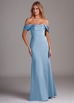 Azazie Saige Vestidos de damas de honor Vestido de Azul Pálido de Satén Elástico de Corte Recto con Vestidos sin tirantes image4