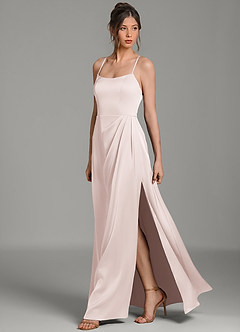 Azazie Frankie At-home Try On Dresses Blushing Pink A-Line Pleated Stretch Satin Dress image5