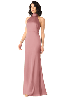 Azazie x Delaney Abiti da Damigella Abito Tubino in Raso Elasticizzato Collo Alto Rosa Polverosa image2