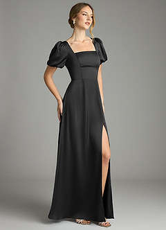 Azazie Fyona Bridesmaid Dresses Black A-Line Pleated Stretch Satin Dress image5