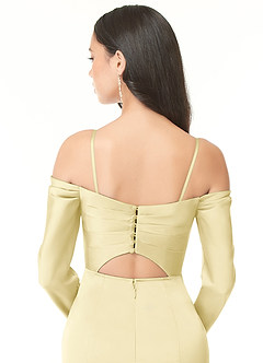 Azazie Hallie Bridesmaid Dresses Lemon Sorbet Mermaid Off-The-Shoulder Long Sleeve Stretch Satin Convertible Dress image7