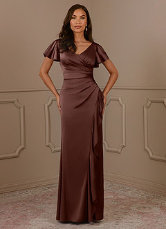Azazie Roya Mother of the Bride Dresses Espresso Mermaid V-Neck Pleated Stretch Satin Dress image2