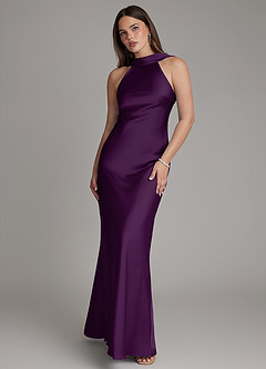 Azazie Dimitra 신부 들러리 드레스 A라인 주름진 스트레치 새틴 바닥 길이 드레스 image1