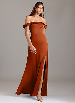 Azazie Zayla Robes de demoiselle d'honneur Robe Trapèze Convertible en Satin extensible Épaule décolletée Orange Brûlée image3