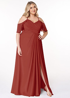 Azazie Dakota Vestidos de damas de honor Vestido de Terracota de Gasa de Corte en A con Cuello en V plisado image16