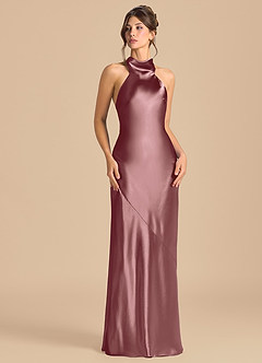 Azazie Velli Bridesmaid Dresses Vintage Mauve Sheath High Neck Metallic Satin Dress image2