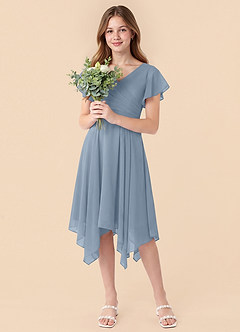 Azazie Janeaurelia Junior Dusty Blue A-Line Pleated Chiffon Dress image3