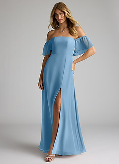 Azazie Sue Jurken voor bruidsmeisjes Converteerbaar Jurk van Chiffon met A-Lijn Off the Shoulder Staal Blauw image4