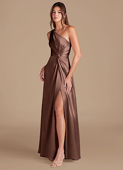 Azazie Brooke Bridesmaid Dresses Espresso A-Line One Shoulder Metallic Satin Dress image4