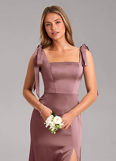 Azazie Frostine Bridesmaid Dresses Vintage Mauve A-Line Bow Stretch Satin Dress image4
