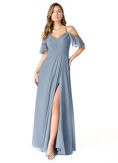 Azazie Dakota Vestidos de damas de honor Vestido de Azul Polvoriento de Gasa de Corte en A con Cuello en V plisado image1