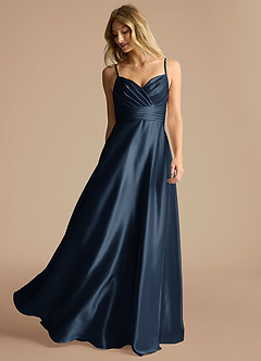 Azazie Oliana Bridesmaid Dresses Dark Navy A-Line Pleated Metallic Satin Dress image2