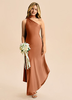 Azazie Briony Junior Copper Sheath Pleated Stretch Satin Dress image1