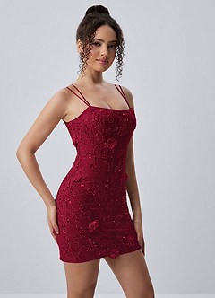 Marceline Wine Spaghetti Strap 3D Floral Lace-Up Bodycon Mini Dress image4