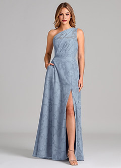 Azazie Phaedra Bridesmaid Dresses Dusty Blue A-Line One Shoulder Floral Burnout Dress image1