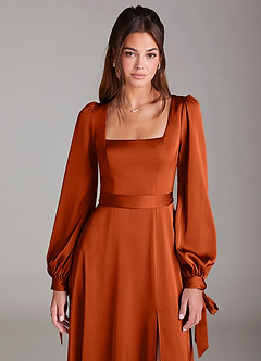 Azazie Leonia Bridesmaid Dresses Paprika A-Line Long Sleeve Stretch Satin Dress image6
