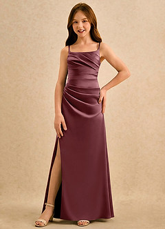 Azazie Cannoli Girls Formal Robe Demoiselle D'honneur Fillette Robe Trapèze en Mat Satiné Plissée Rose Du Désert image3