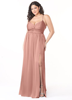 Azazie Raya Robes de demoiselle d'honneur Robe Trapèze en Satin extensible Col V plissé Rosette image9