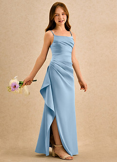 Azazie Cannoli Girls Formal Flower Girl Dresses Powder Blue A-Line Pleated Stretch Satin Dress image1