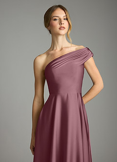 Azazie Melanie At-home Try On Dresses Amethyst A-Line Off the Shoulder Stretch Satin Dress image6