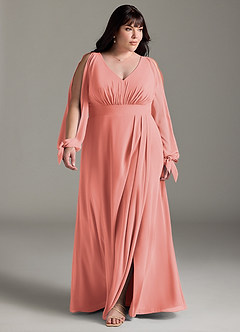 Azazie Matilda Brautjungfernkleider A-Linie Langarm Chiffon Kleid Koralle image14