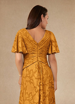 Azazie Emmeline Mother of the Bride Dresses Butterscotch A-Line Pleated Floral Burnout Dress image6