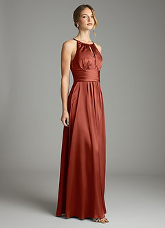 Azazie Bonnie Bridesmaid Dresses Terracotta A-Line Pleated Stretch Satin Dress image4