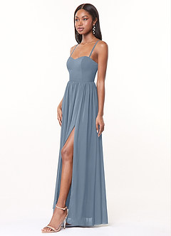 Azazie Marilyssa Vestidos de madrinha de casamento Vestido Azul Empoeirado de Chiffon elástico de Linha A com Espartilho image3