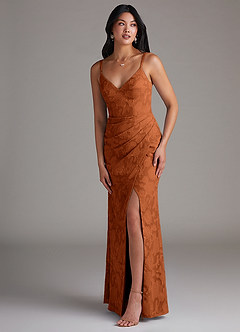 Azazie Leo Bridesmaid Dresses Burnt Orange Sheath Pleated Floral Burnout Dress image3