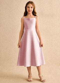 Azazie Jaella Girls Formal Robe Demoiselle D'honneur Fillette Robe Trapèze en Mat Satiné Plissée Rose Poudré image3