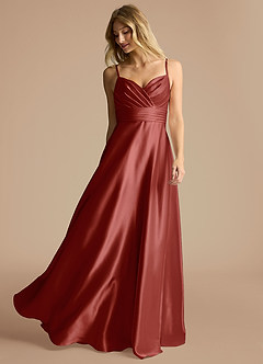 Azazie Oliana Bridesmaid Dresses Terracotta A-Line Pleated Metallic Satin Dress image2