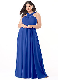 Azazie Dixie Vestidos de damas de honor Vestido de Azul Real de Gasa de Corte en A con Halter Plisado image7
