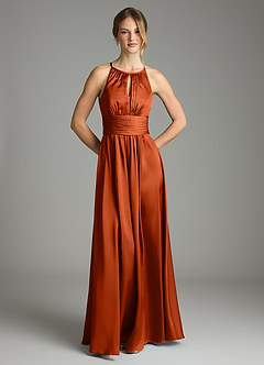 Azazie Bonnie Bridesmaid Dresses Paprika A-Line Pleated Stretch Satin Dress image3