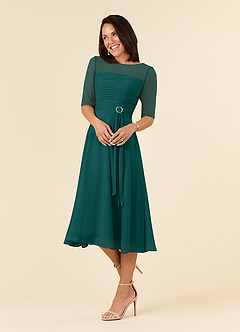 Azazie Naomi Kleider für die Brautmutter A-Linie Bootshals Gefaltet Chiffon Kleid Pfau image3
