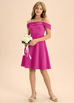 Azazie Anselie Junior Jurk van Stretch Satijn met A-Lijn Geplooid Fuchsia image1