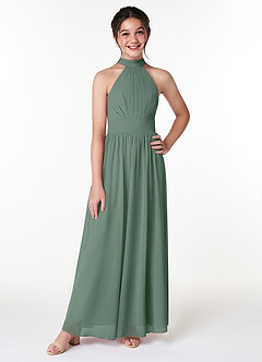 Azazie Iman Junior Eucalyptus A-Line Pleated Chiffon Dress image4