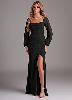 Azazie Charissa Bridesmaid Dresses Black Sheath Long Sleeve Chiffon Dress image1