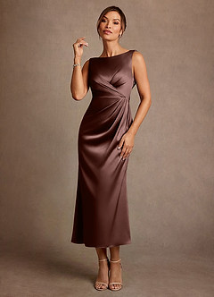 Azazie Mazhe Mother of the Bride Dresses Espresso A-Line Pleated Stretch Satin Dress image1