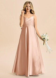 Azazie Rumi Junior Abito A-Line in Raso Elasticizzato Plissettato Oro Rosa image4