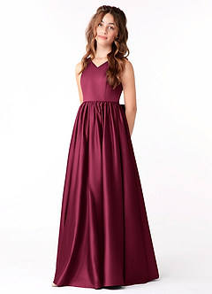 Azazie Hathaway Junior Vestido Borgoña de Satén Elástico de Corte en A con Lazo image3