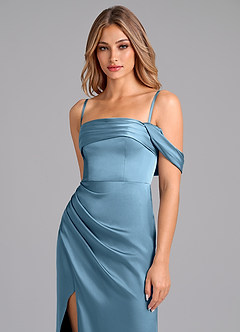 Azazie Lisbeth Jurken voor bruidsmeisjes Converteerbaar Jurk van Stretch Satijn met Zeemeermin Off the Shoulder Staal Blauw image2