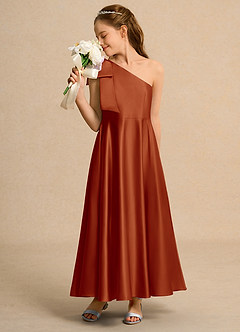 Azazie Guppy Junior Formal vestidos de niña de las flores Vestido de Pimenton de Satin Mate de Corte En A con Hombro unilateral image4