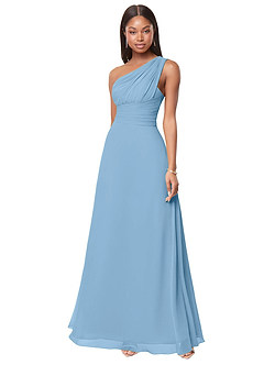 Azazie Ashley Abiti da Damigella Abito A-Line in Chiffon Increspato Blu Acciaio image1