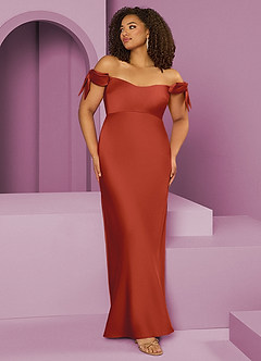Barbie ♥ Azazie Bridesmaid Dresses Rust Sheath Off the Shoulder Stretch Satin Convertible Dress image1