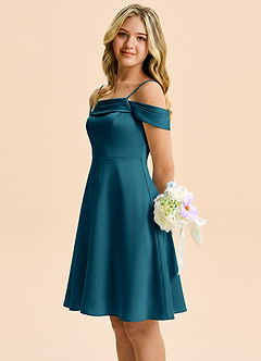 Azazie Anselie Junior Ink Blue A-Line Off the Shoulder Stretch Satin Dress image6