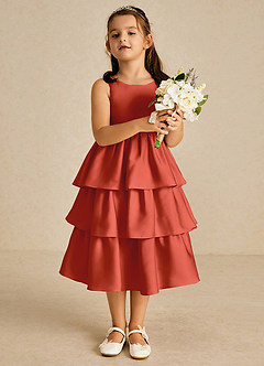 Azazie Margery Flower Girl Dresses Rust A-Line Bow Stretch Satin Dress image2