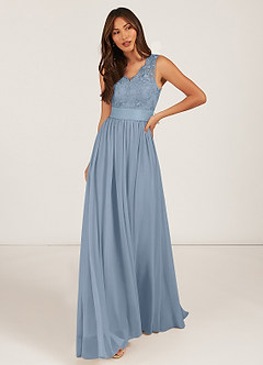 Azazie Gertrude Abiti da Damigella Abito A-Line in Chiffon Pizzo Blu Polveroso image1