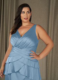 Azazie Viola Mother of the Bride Dresses Powder Blue A-Line Pleated Stretch Satin Dress image9